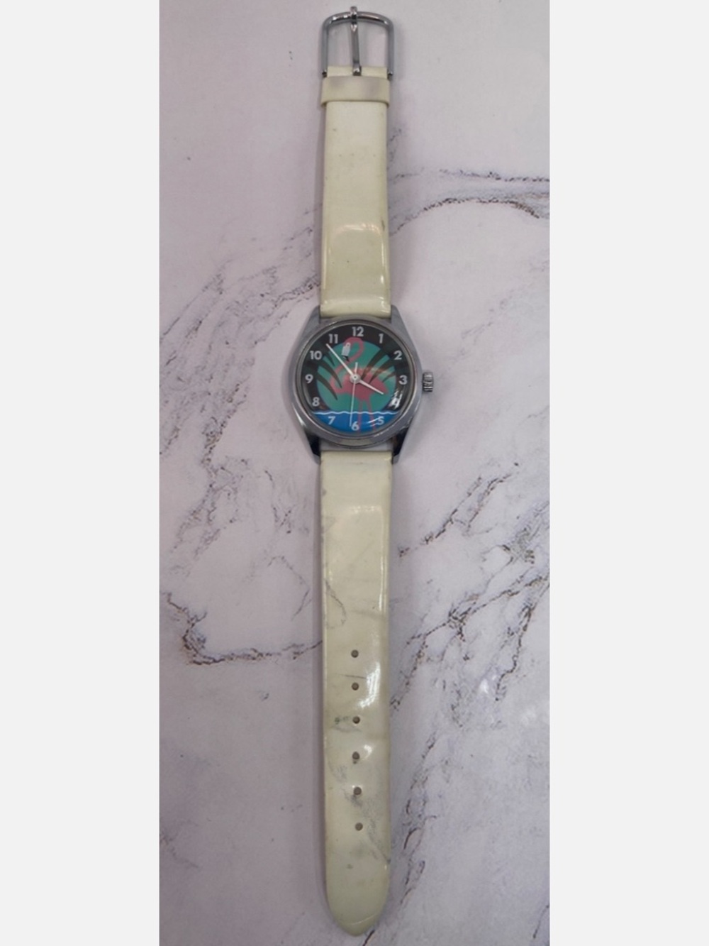 Vintage White Trocadero Flamingo Synthwave Watch 1985 GOOD TIME Manual Wind